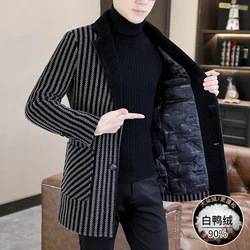 Classic Winter Men's Mid-Length Warm White Duck Down Woolen Coats Casual Striped Thicken Top Overcoat Outwear Windbreaker Jacket