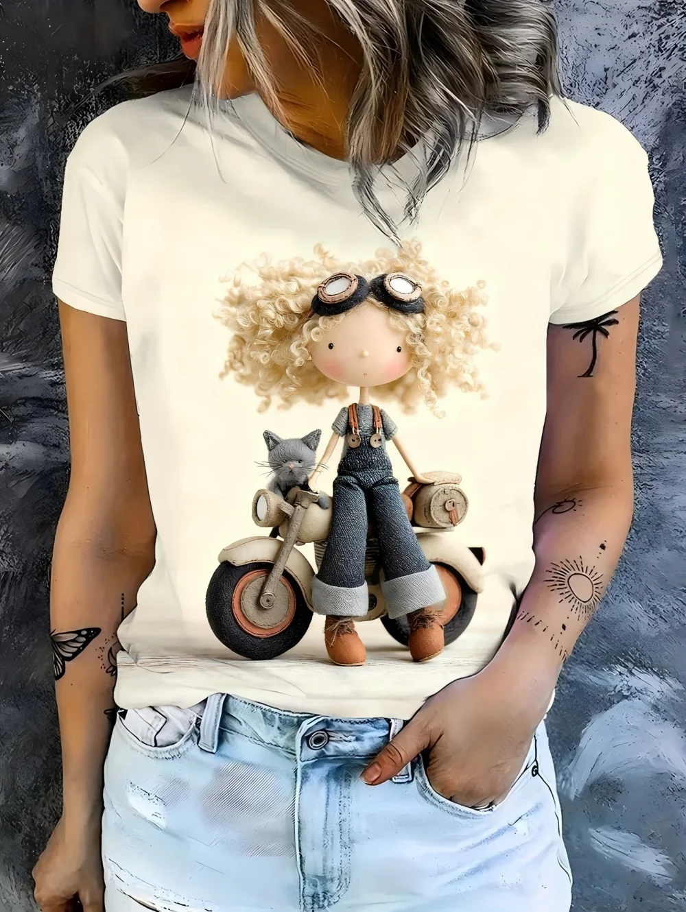 Women's T‑shirt Retro Doll Biker Motorcycle Cat Art Print Short Sleeve Crew Neck Summer Casual Daily Tops Women Clothing