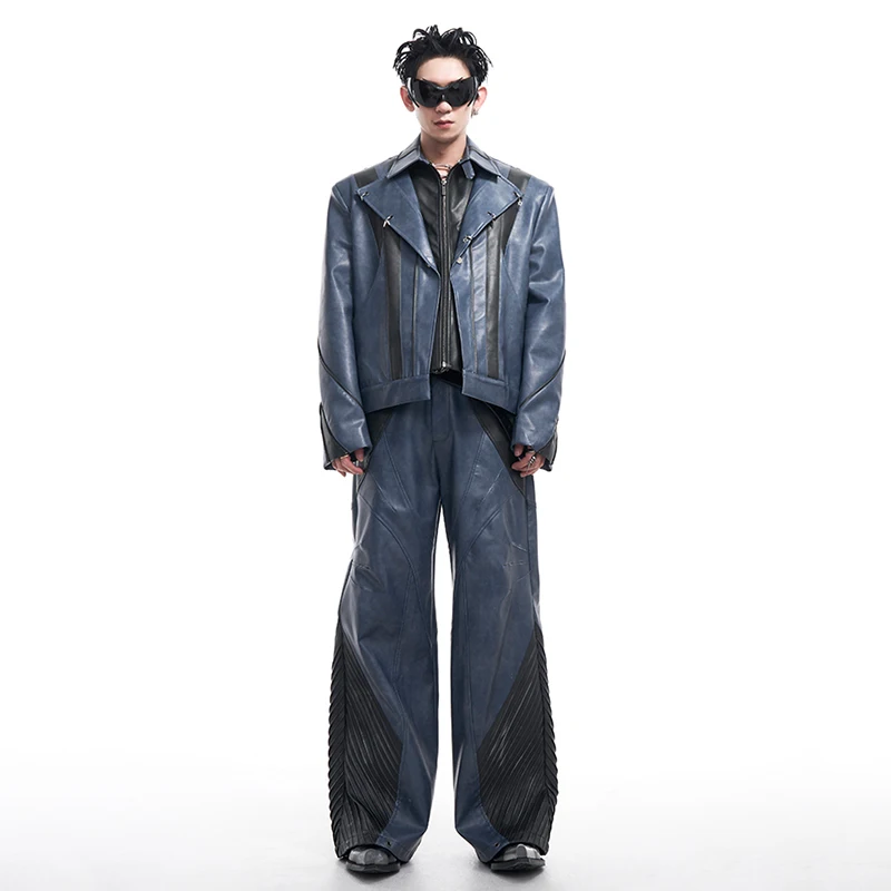 FEWQ Niche Design Men's Sets Pu Leather Fake Two-piece Zipper Patchwork Lapel Jacket Straight Wide Leg Pants Stylish New 24E2595