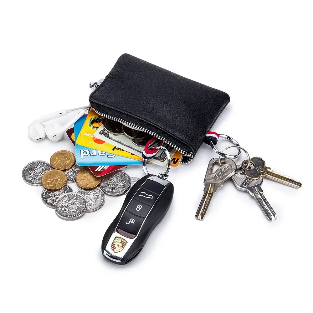 Genuine Leather Small Men's Coin Pocket Wallet Mini Purse With Key Ring Card Holder Thin Organizer Bag Housekeeper For Women