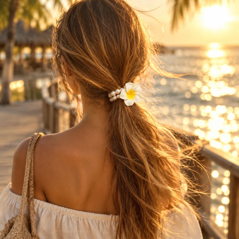 Flower Hair Tie for Women Dual-use Pearl Hair Rope Bracelet Sweet Tropical Floral Elastic Hair Band Beach Hair Accessories