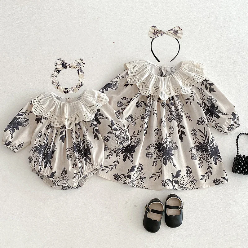 2026 New Spring 2-7Yrs Girl Party Dress Kids Princess Dresses Long Sleeved Cotton Print Baby Girl Romper Sister Clothes