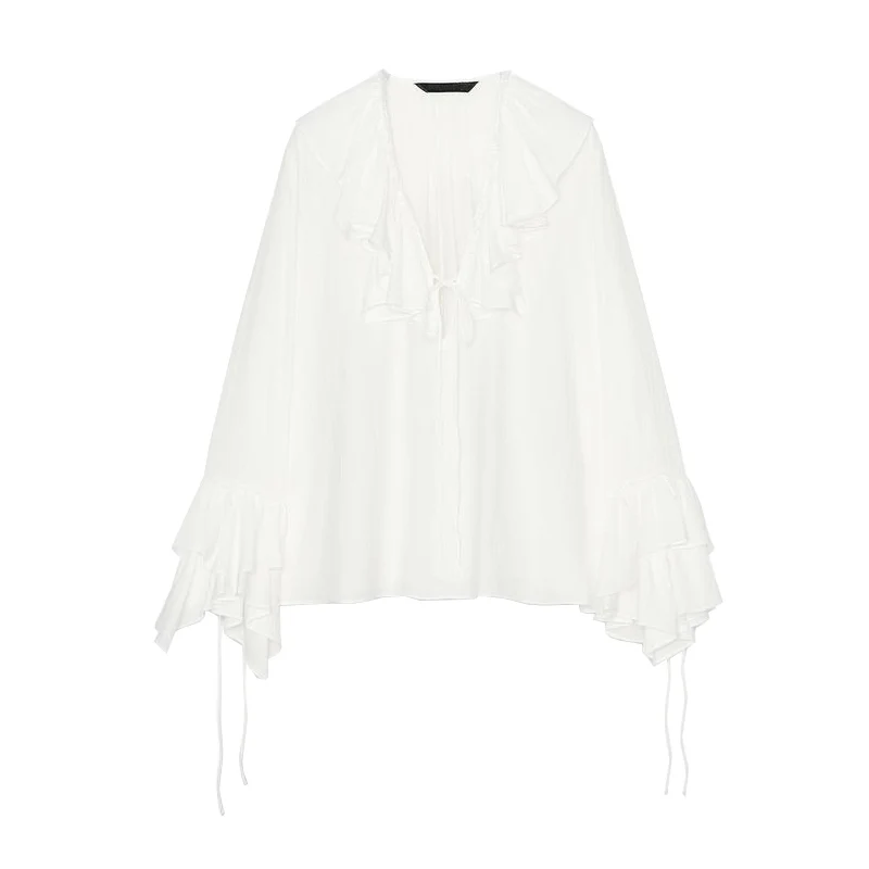 قميص نسائي صيفي بأكمام طويلة وياقة على شكل V وقصة مستقيمة مع زخارف متعددة الطبقات من الألياف المختلطة واللاصقة، مصنوع من أليا...