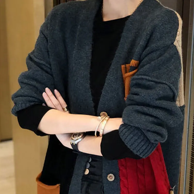 Autumn Winter Streetwear V-Neck Single-breasted Sweaters Loose Female Clothing All-match Spliced Pockets O-Neck Knitted Cardigan