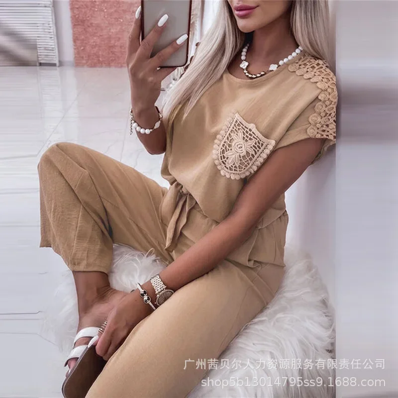 2pcs Women Clothing Set Short Sleeve Lace Embroidery T Shirt & High Waist Pants Solid Color