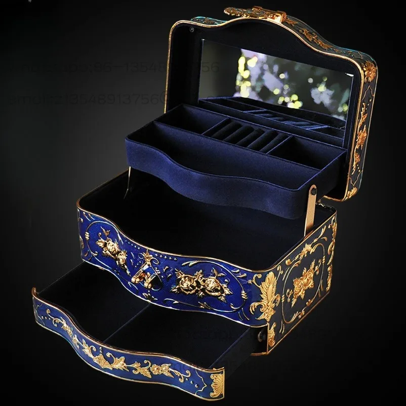 Three-layer European Princess Jewelry Box, Built-in Mirror with Lock, Large Jewelry Ring Storage Box