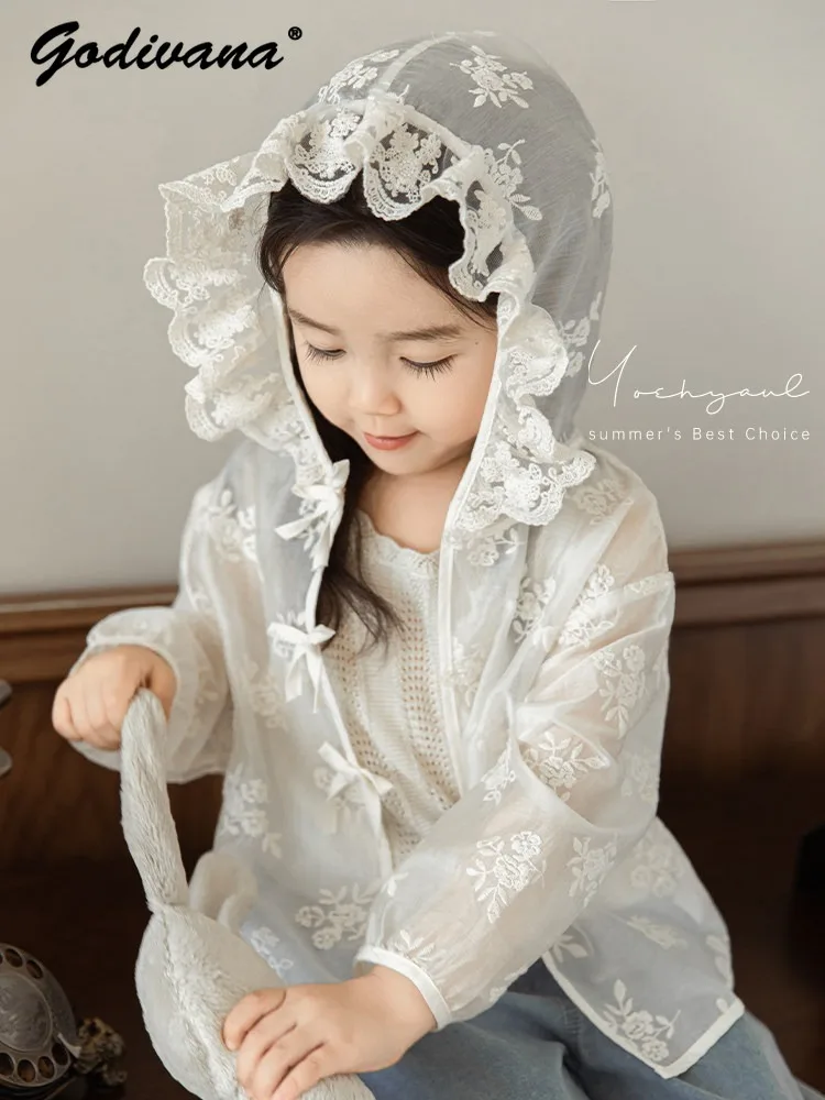 

Sweet Cute Little Girls Heavy Embroidery Sun Protection Coats 2026 Summer New Breathable Soft Lace Trim Bow Hooded Outerwear