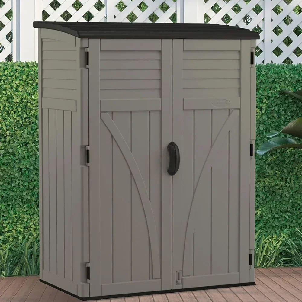 

Vertical resin outdoor storage shed with lockable double doors, weather-resistant multi-wall panels, customizable shelves