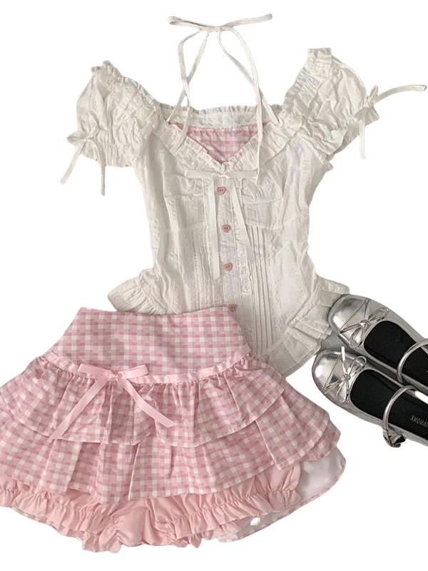 핑크 체크 버블 슬리브 매듭 탑과 스커트 세트 여성용 패셔너블한 대학 스타일 투피스 여름 의상...