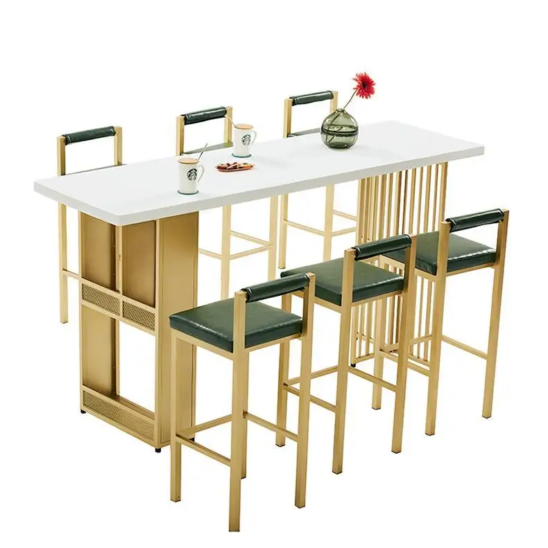 Luxury High Table Set with Iron Legs Marble Tabletop and Bar Stools Chairs Golden Metal Finish for Dining and Home Bars