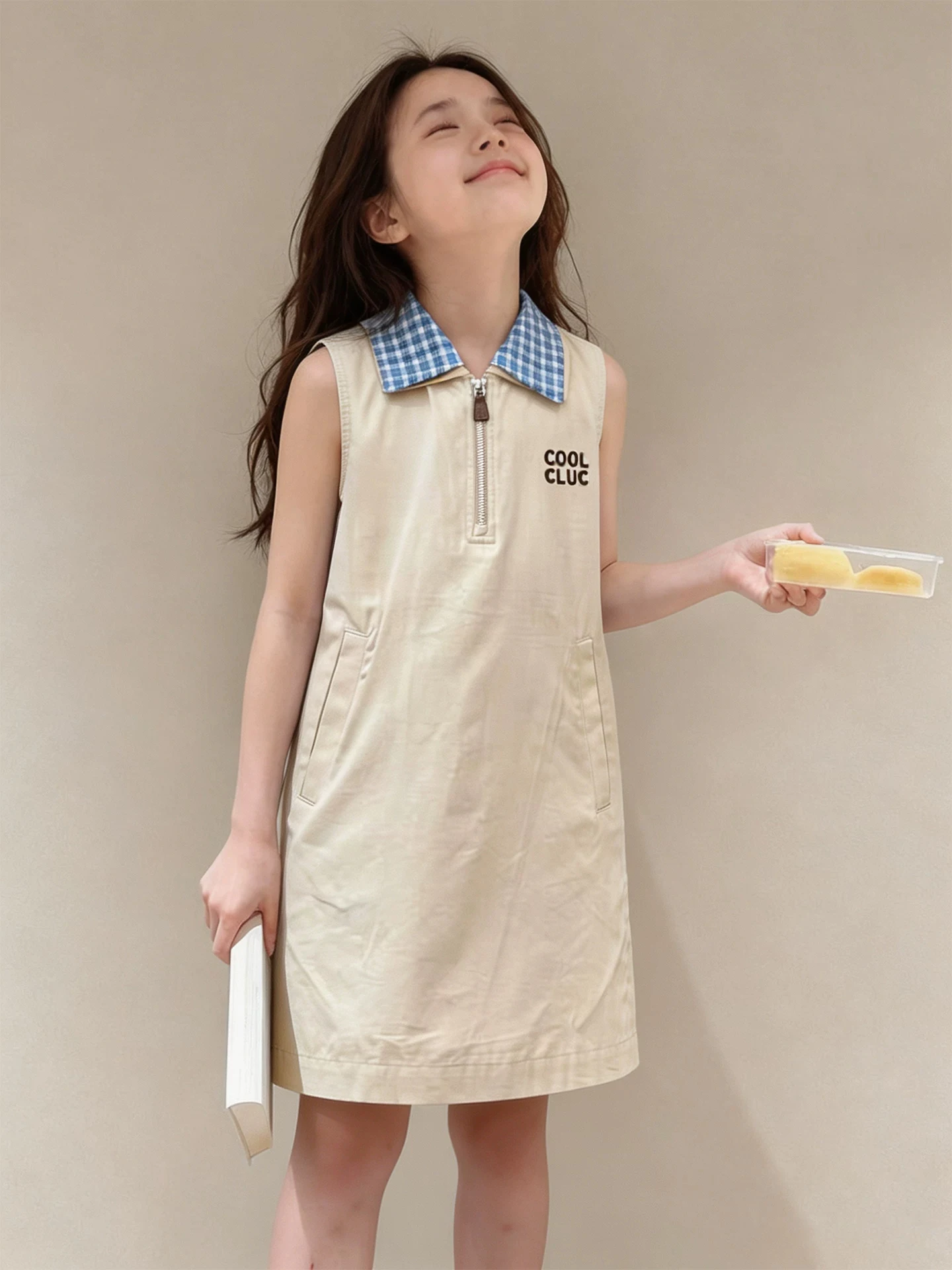 girls-summer-dress-unique-collar-vest-pure-color-children's-clothing-casual-style-midi-skirt-fashionable-trendy-kids'-outfit