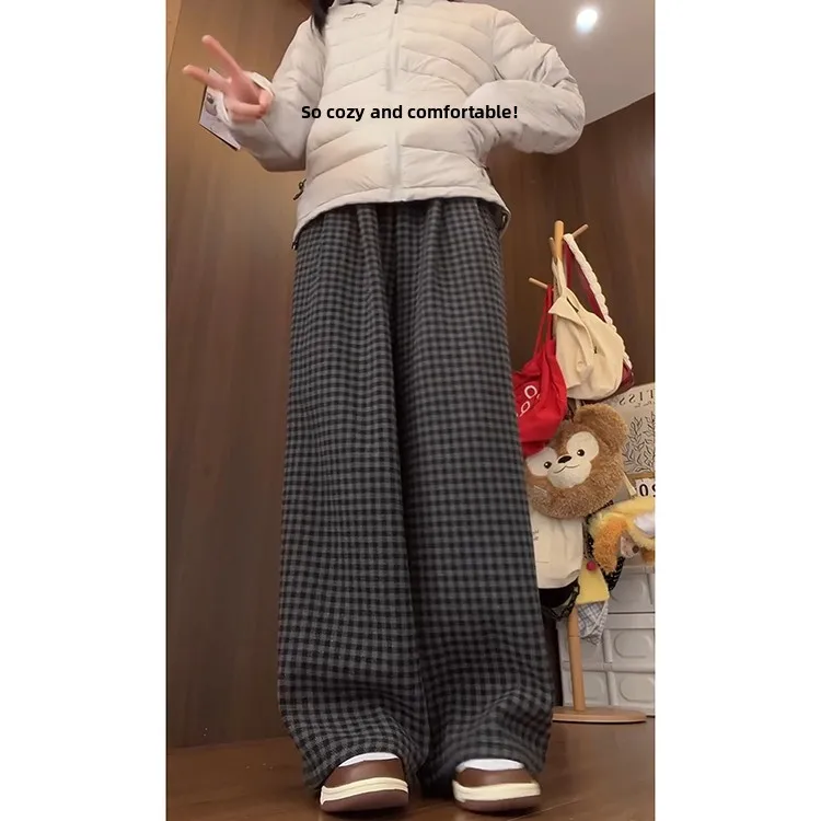 Plones Anchos de Terciopelo ueso a Cuadros Retro ises para Mujer, Estilo Coreano, Cintura Alta, Corte Recto, Fibra de...