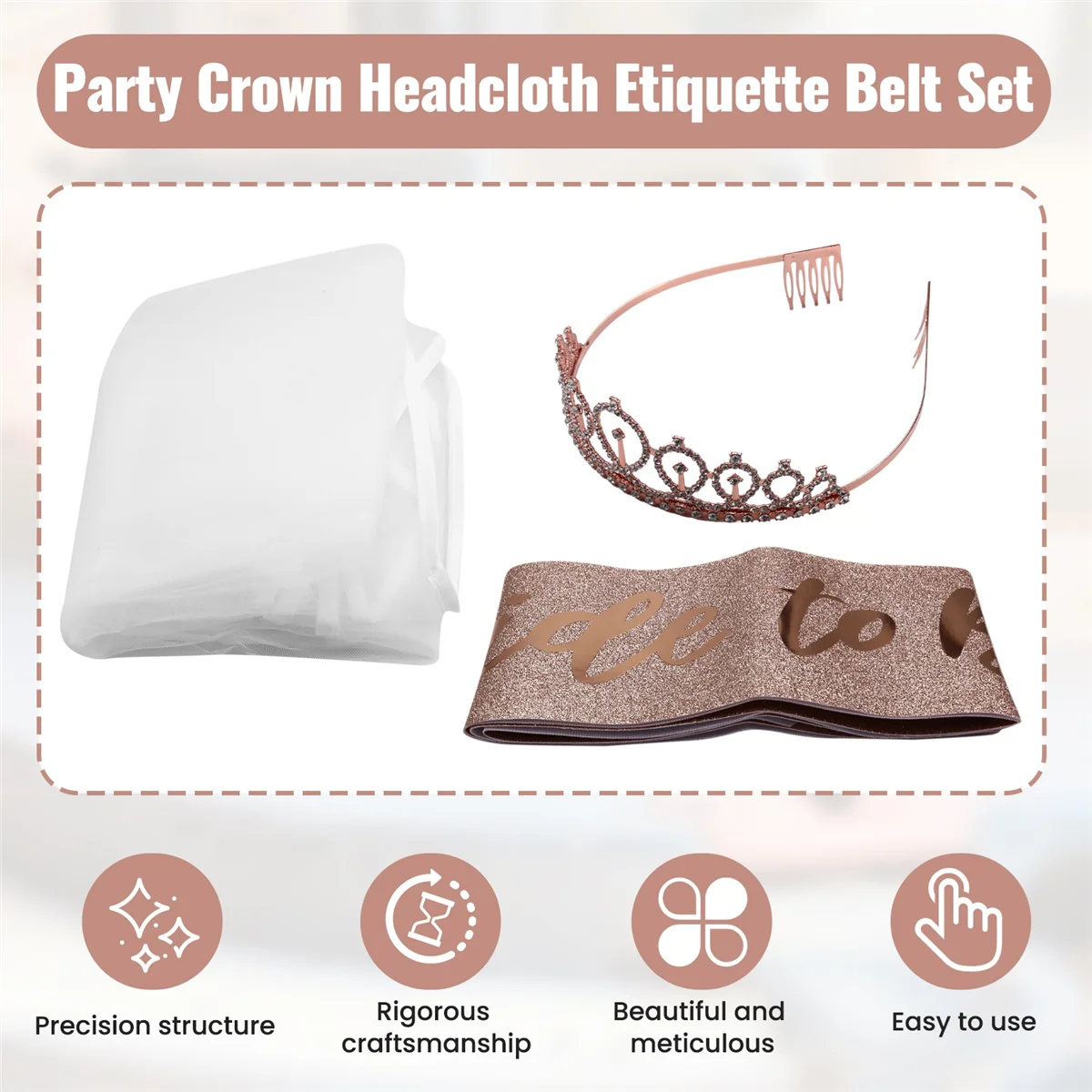 ABQR Украшения для девичника, блестящий комплект из розового золота, принадлежности для свадебного душа, пояс для невесты, вуаль