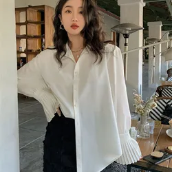 Female Spring Summer Korean Fashion Simplicity Button Solid Color Polo Collar Women Shirts All-match Pleated Long Sleeve Top Tee