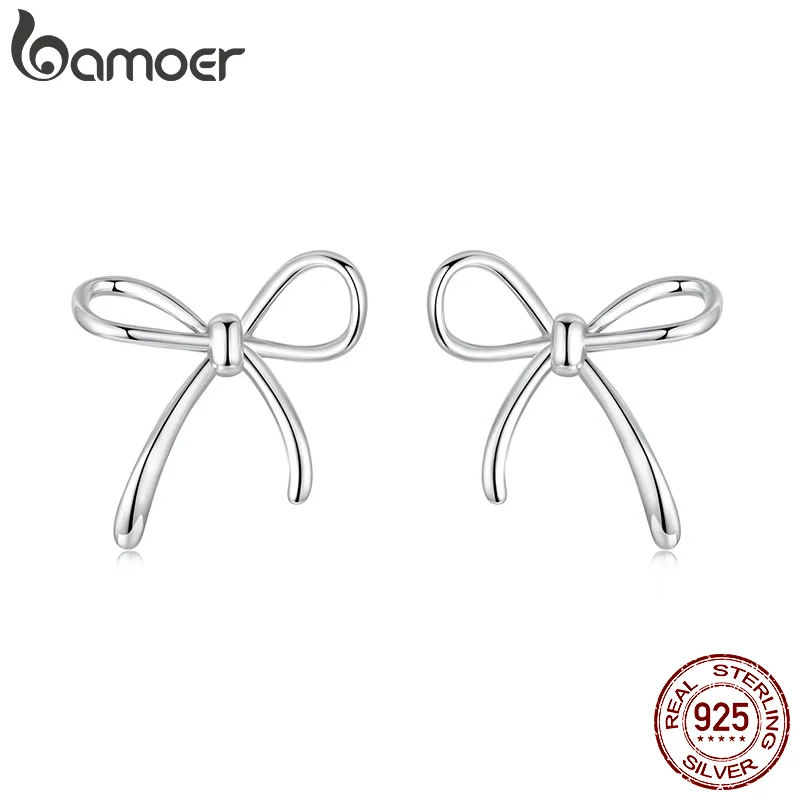 BAMOER Solid 925 Sterling Silver Bow Stud Earrings for Women Hypoallergenic Daily Party Gift Trendy Silver Jewelry SCE1924
