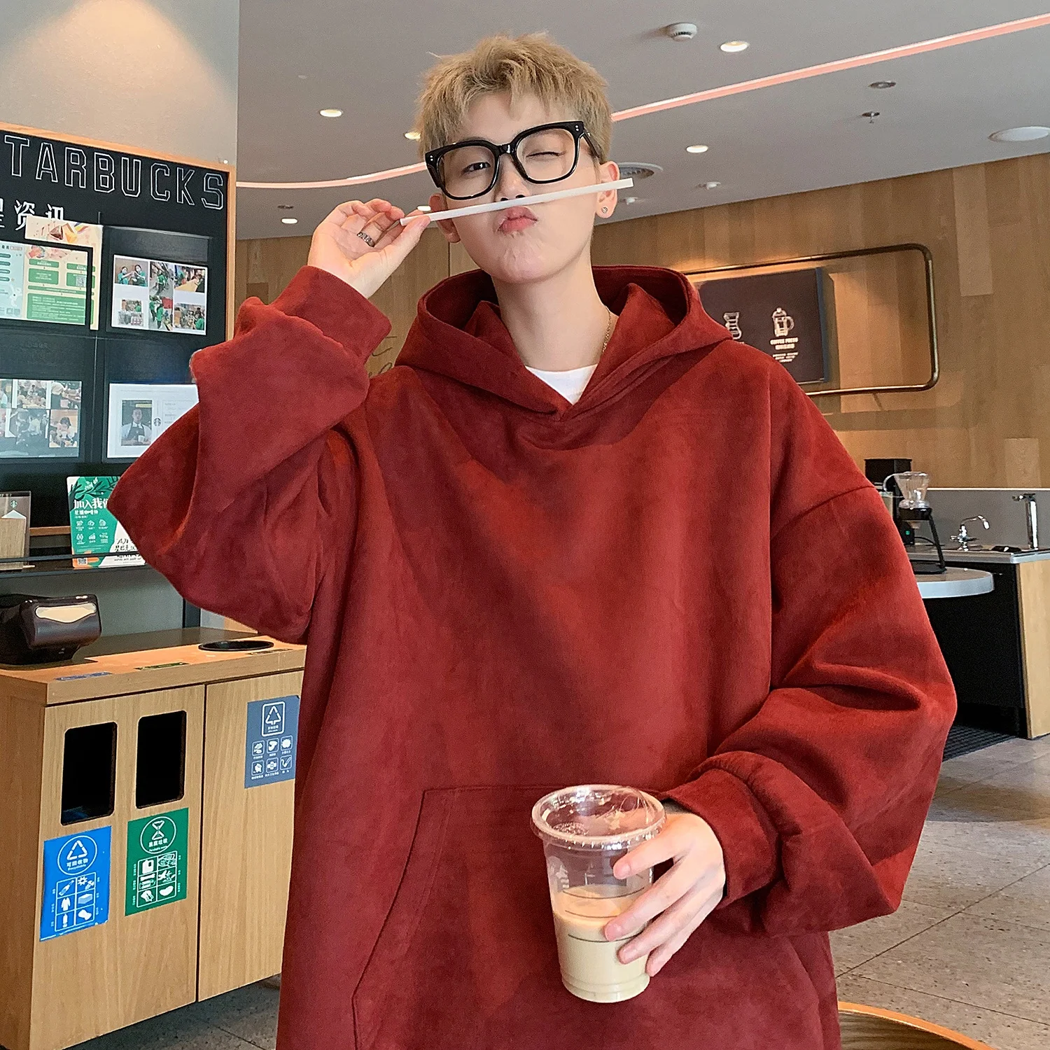 

Red Wine Color Men's Hoodie Suede Velvet Loose Fit American Sle Retro Spring Autumn Jaet Casual Youth Faion Sweatirt