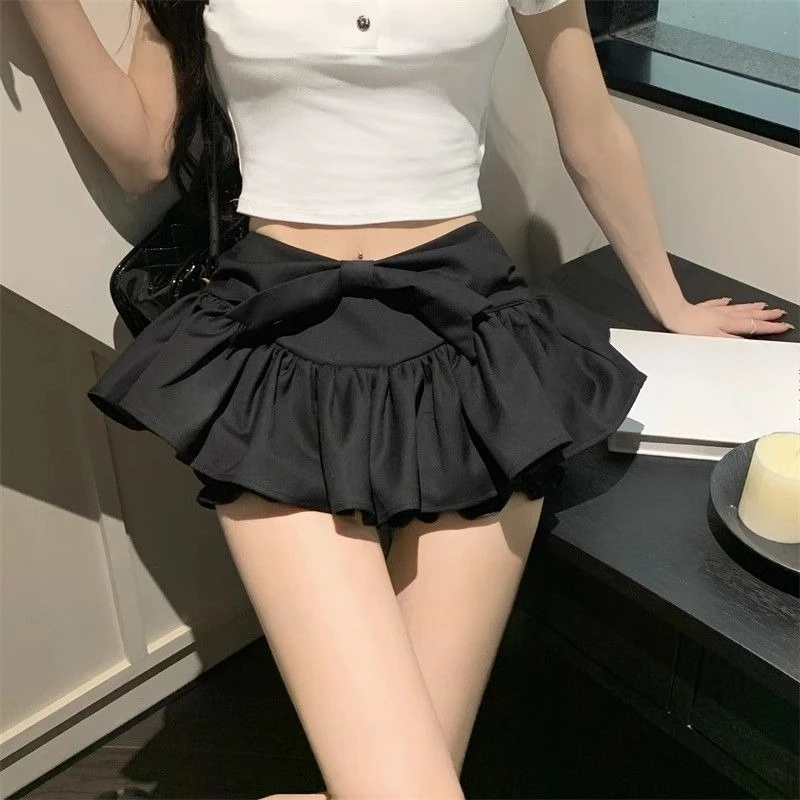 

French Sweet Kawaii Black Mini Skirts Women Y2k Cute Bow Soft Princess A-line Cake Skirts Harajuku Japanese Chic Lovely Outfits