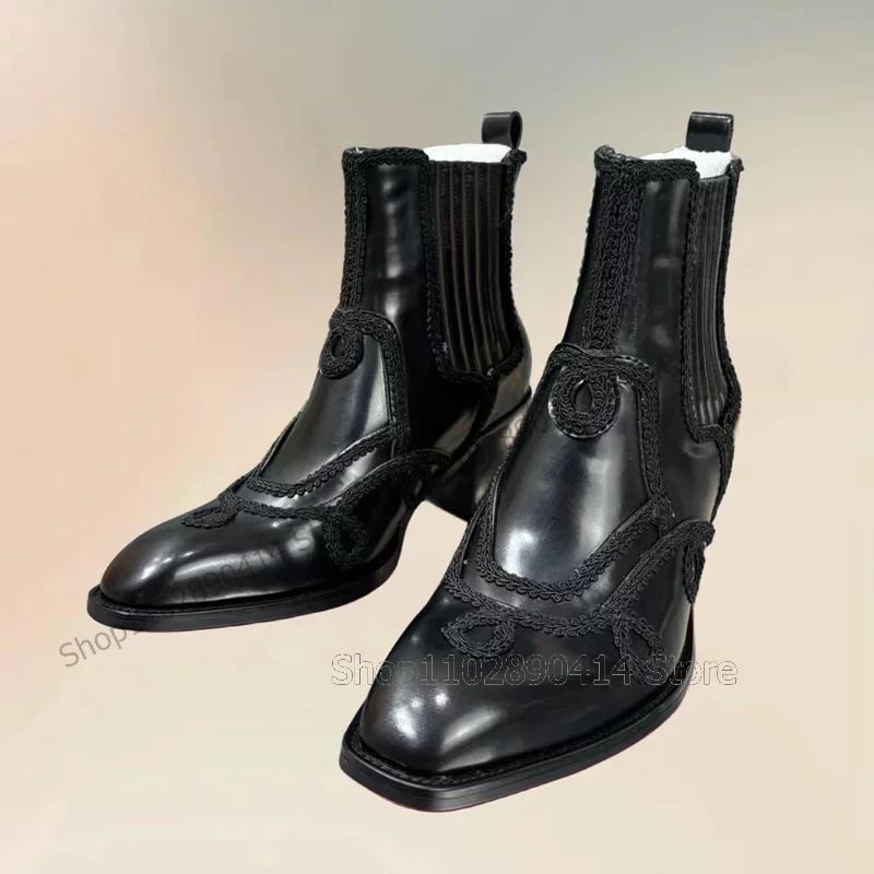 

Black Sewing Flower Design Suare Toe Patchwork Boots Fashion Slip On Men Boots Luxurious Handmade Party Banquet Men Dress Shoes