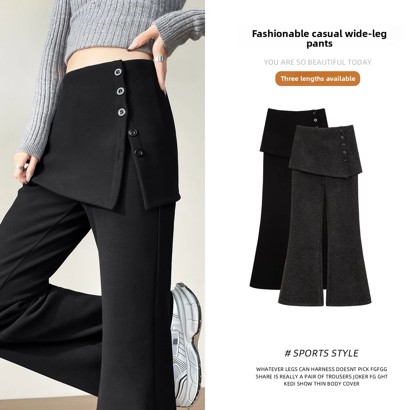 Thiened Fce اصطف عالية الخصر التخسيس بنطال ذو قصة أرجل واسعة زر بالتفصيل كاذبة قطعتين بناطيل كاجوال للنساء