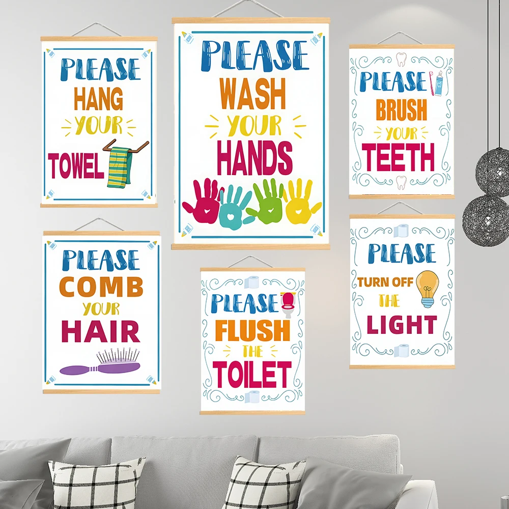 Solid Wood Hanging Scrolls Colorful Bathroom Quote Wall Art Prints - Brush Your Teeth, Flush The Toilet, Wash Your Hands Cardsto