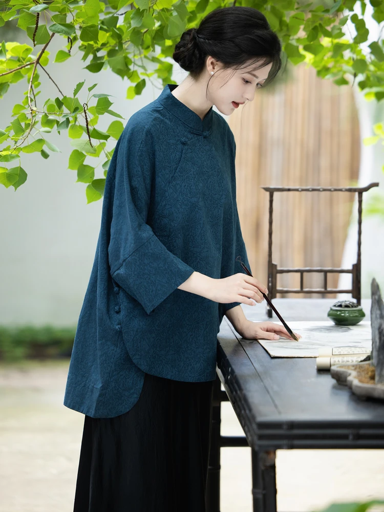 

Xitong New Chinese Sle Tea irt Long Sve Silk Cotton irt n Zen Spirit Middle Length Women's Faion Top