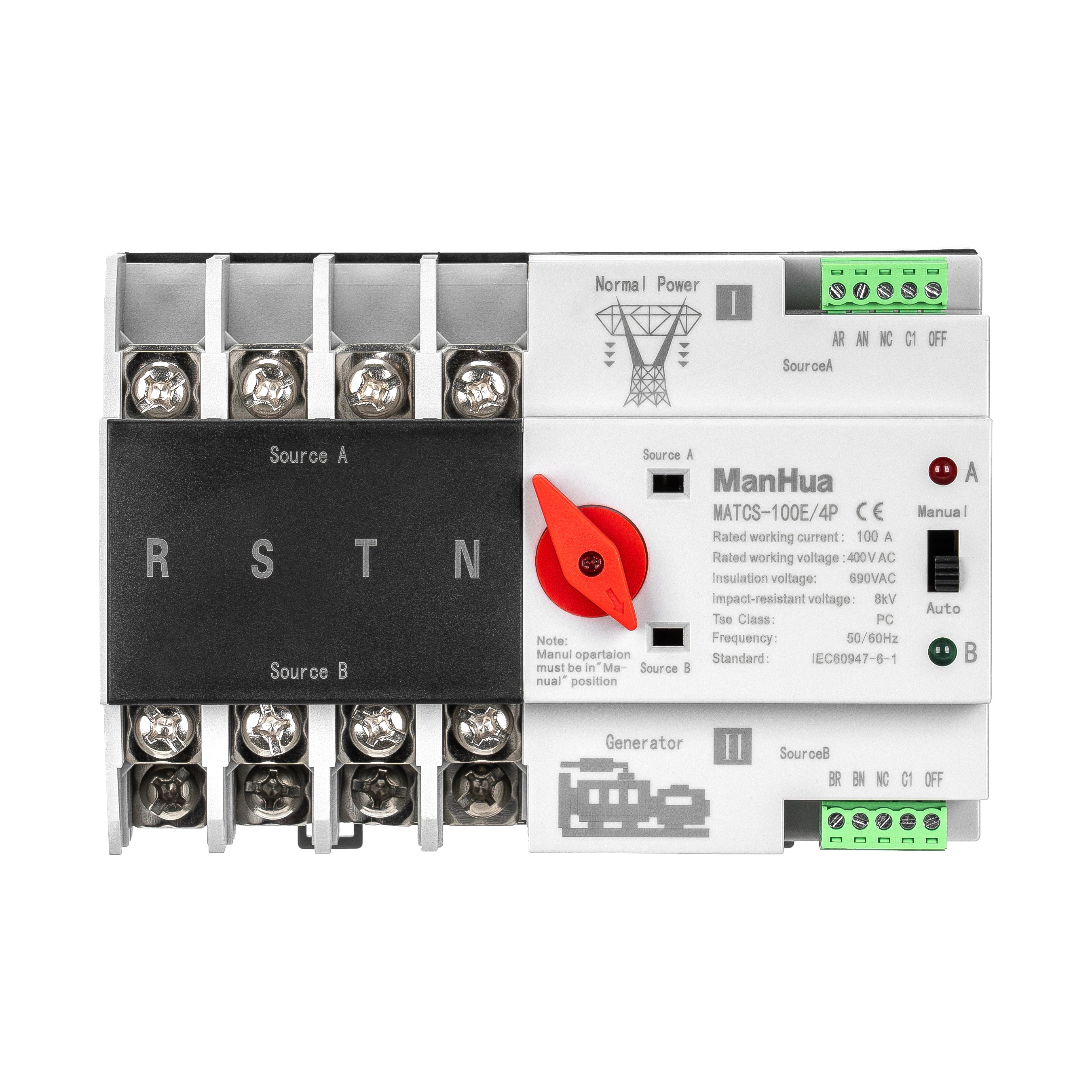 ManHua MATCS-100E/4P 100A 220VAC Dual Power Automatic Transfer Switch PC Type Switch  DIN-Rail Mounting Red Handle