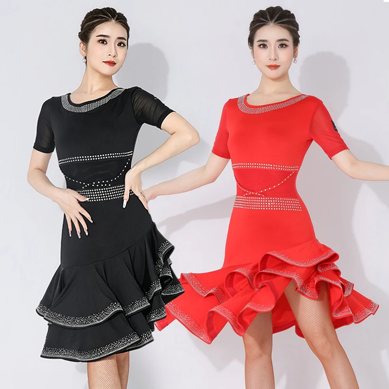 Summer Latin Dance Dress Black Short Sleeve Dresses Adult Women Latin Performance Clothes Dancer Casual Practice Wear Red 5725