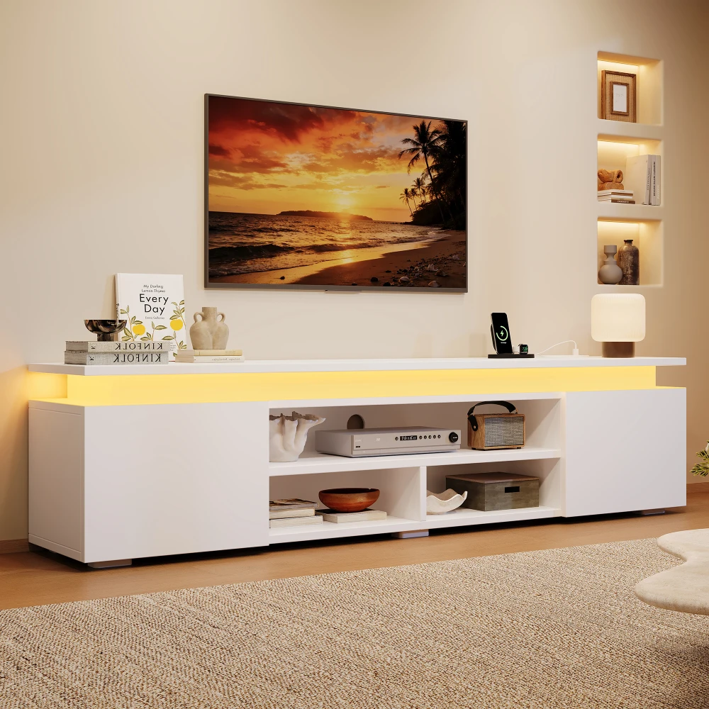 Mobile porta-TV da 180 cm, colore bianco, mobile basso per TV, consolle multimediale in MDF con vani e spazi aperti, centro di intrattenimento moderno e minimalista, da posizionare a terra, ideale per