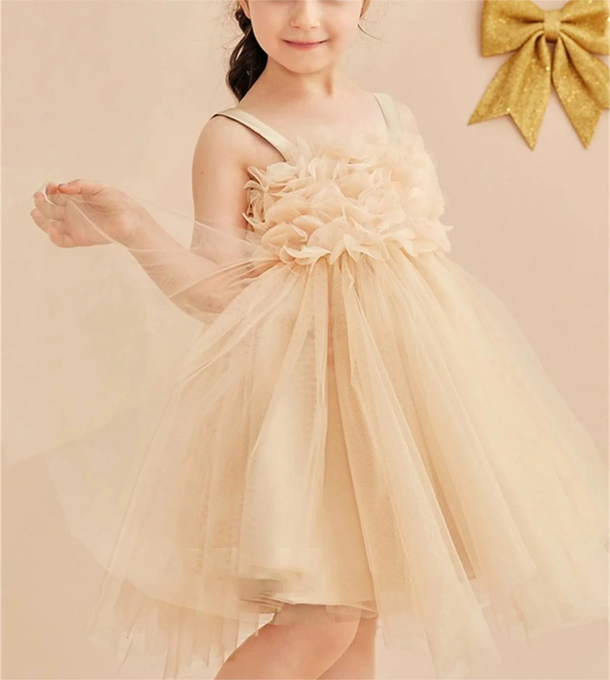 Wedding Flower Girl Dress With Camisole Nacon Champagne Tulle Puffy Skirt Knee Zipper Custom Color Size Vestidos Para Niñas