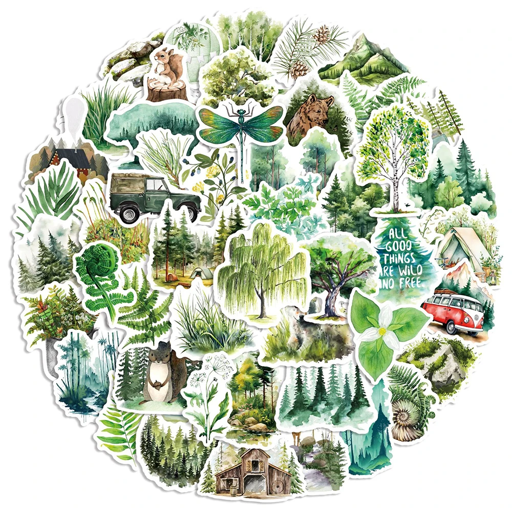 10/30/50pcs Outdoor Green Forest Travel Hiking Stickers Wild Camping Sticker Decoration Laptop Luggage Phone Graffiti Decal Pack