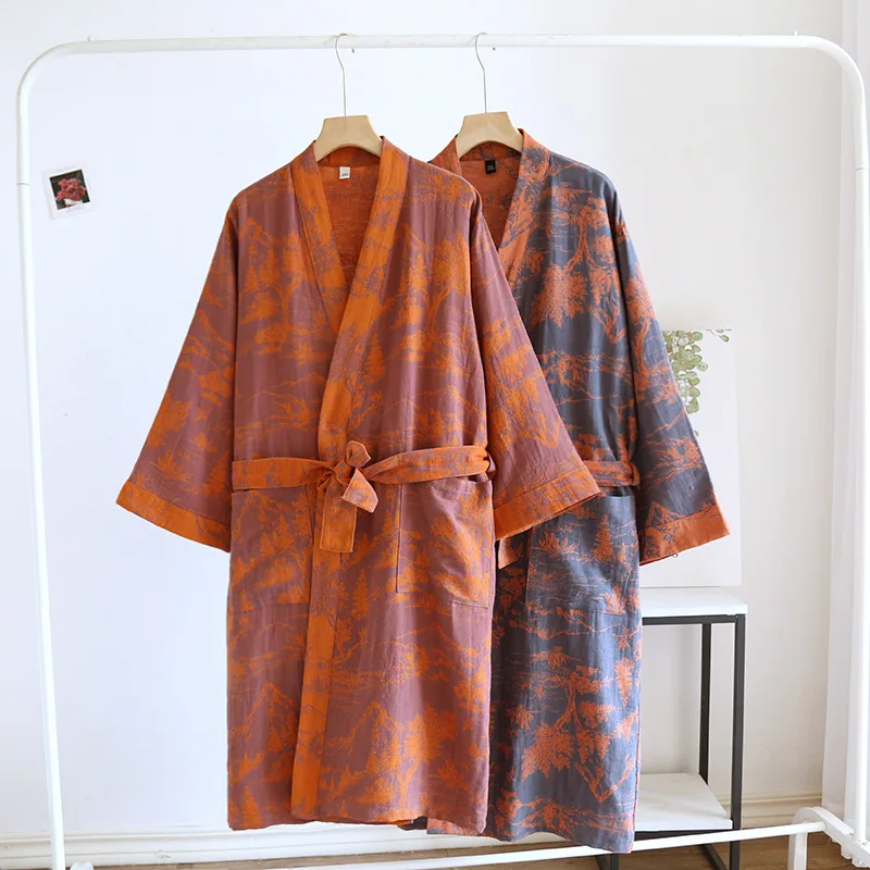 Women\'s Printed Cotton Loose Fitting Bathrobe Japanese Style Kimono with belt Bathrobe Sweat Steaming Cotton Pajamas Robes Women