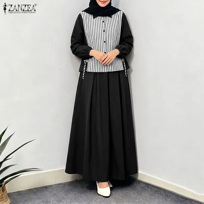 

ZANZEA Ramadan Muslim Sets Hijab Outfits Women Long Sleeve Patchwork Shirt Maxi Long Skirt Suit Dubai 2 Pieces Sets Eid Mubarek