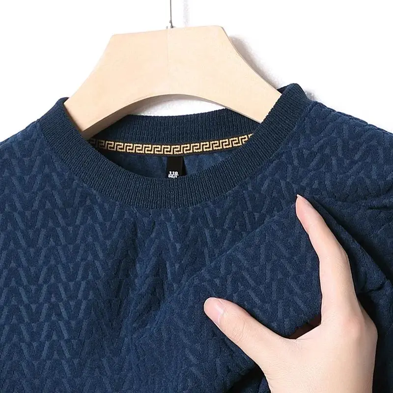 New Men's Casual Jacquard Long Sleeve round Neck T-shirt Slim Fit Youthful Style Henry Collar Nine Points Sleeve Design