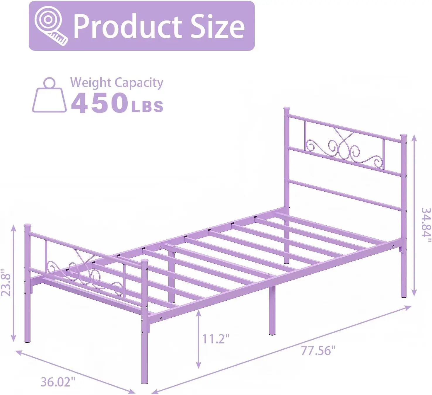Kids Twin Metal Bed Frames Headboard PurpleUnder Bed Storage 112 Inch Steel Slat SupportNo Box Spring Needed Squeak Resistant