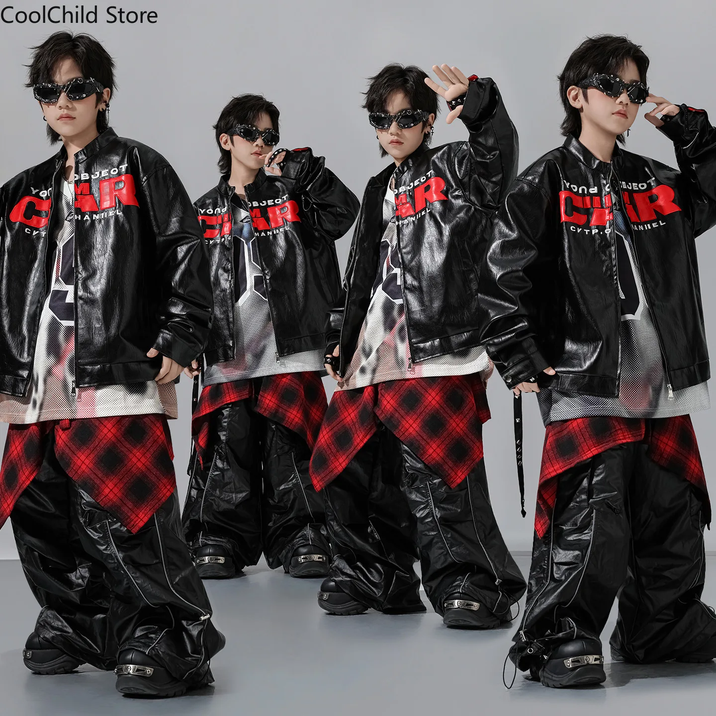 Boys Hio Hop Letters Leather Jacket Street Dance Loose Cargo Pants Girls K-pop Streetwear Kids Clothes Set Children Jazz Costume