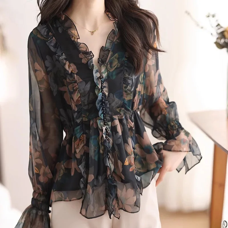 โรแมนติก Ruffles Tops ผู้หญิงเกาหลีสไตล์การออกแบบเสื้อผ้า Flare Sleeve Elegant Office Lady น่ารักริบบิ้นหวาน Basic เสื้อเสื้อ