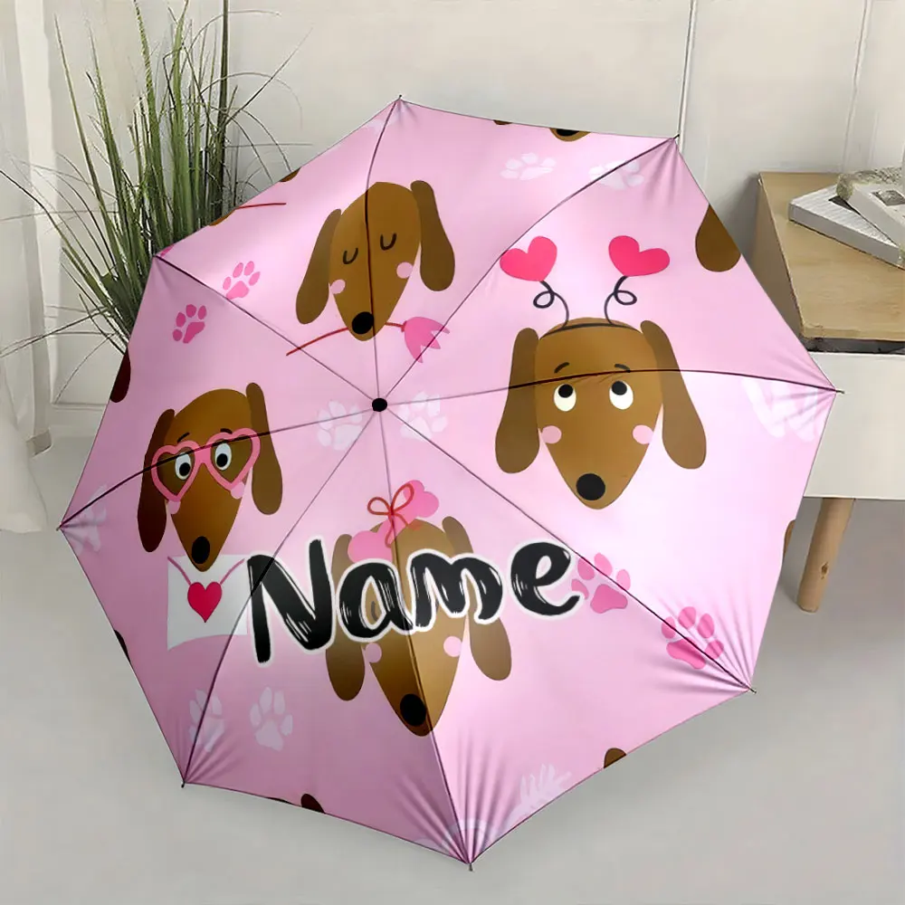 Custom Name Umbrella, Pink Cartoon Dog Pattern Umbrella With Heart Elements Folding Umbrella for Sunny and Rainy,Gift