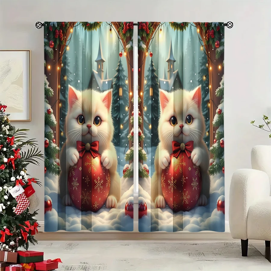 2PCS Christmas Winter Curtains, White Kitten Red Ball Snowy Castle Winter, Digital Print, Bedroom Living Room, Home Decor