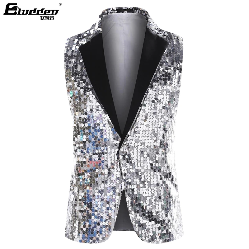 Men's Dress Suit Jacket Vest flat circle Sequins Tux Party Show Waistcoat Notch lapel circular paillette Sequins Waistcoat Vest