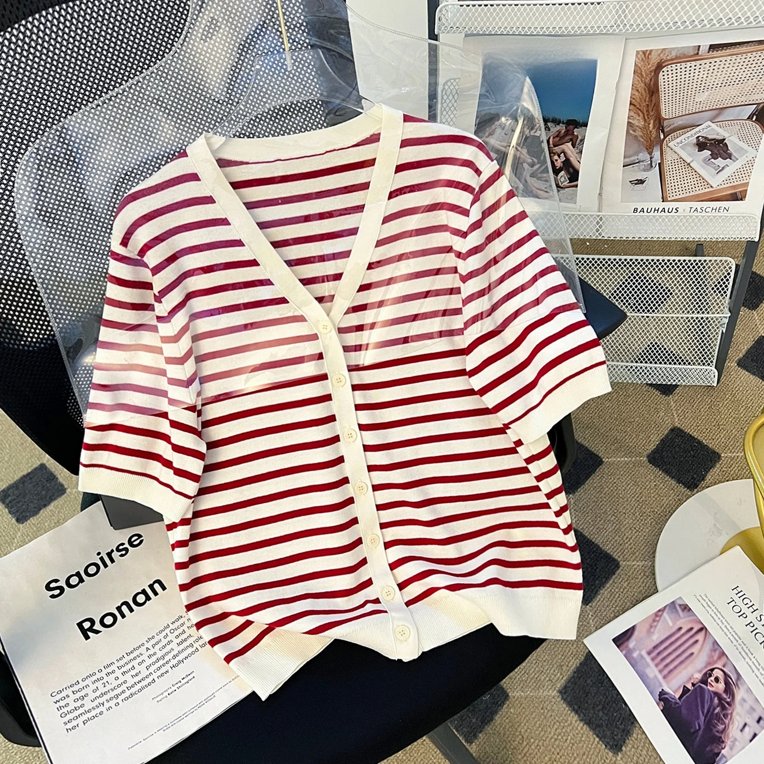 

Женский летний укороченный кардиган из 100% хлопка с V-образным вырезом, в полоску, вязаный, приталенный, универсальный, в корейском стиле, для повседневной носки