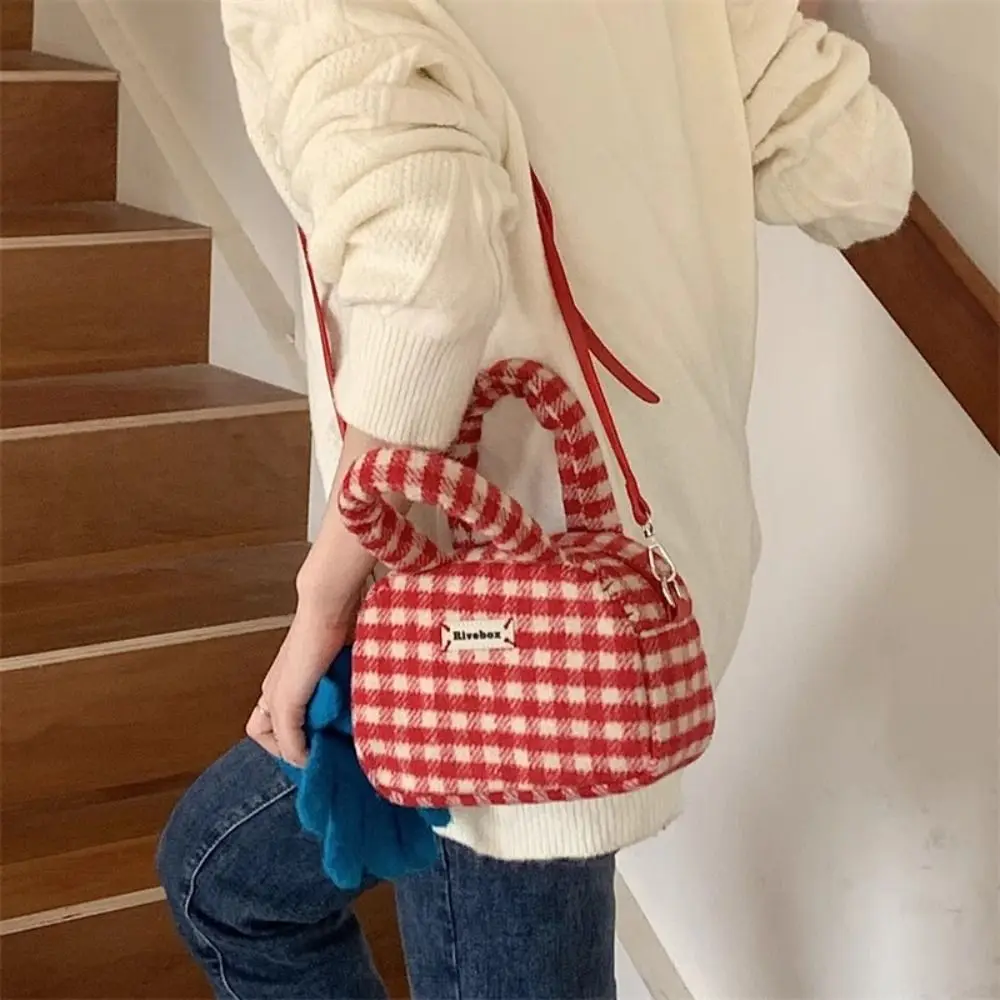 Korean Style Red Plaid Crossbody Bag Sweet Handbag Cute Small Bag Christmas Plush Bag All-match Handbag For Women