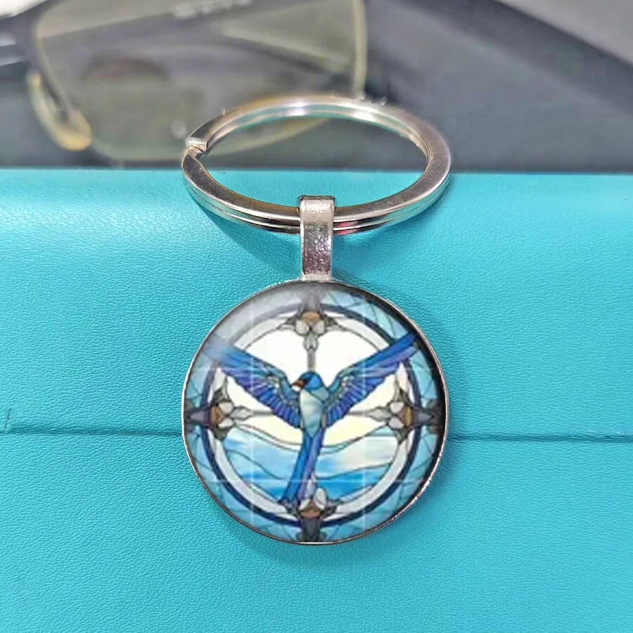 Stained Glass Wild Bird Round Glass Cabochon Keychain, Eagle Peacock Owl Hummingbird Swan Pattern Key Ring