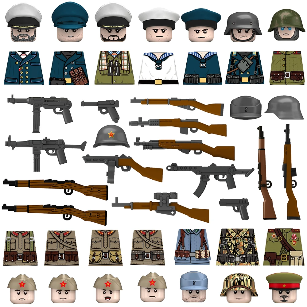 

Фигурка военного солдата времен Второй мировой войны, строительный блок, британский, американский, французский, советский, шлем, аксессуар, пистолет MP40 M1, игрушка-сненосолдат, подарок S014