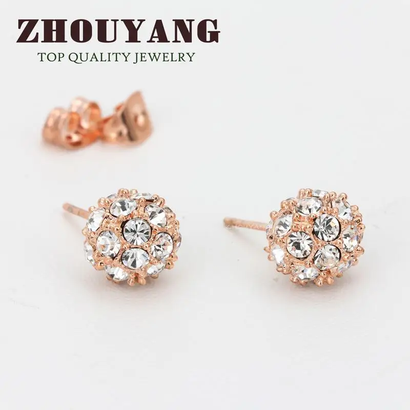 ZHOUYANG Lucky Ball Stud Earrings For Women Simple Classic Top Quality Rose Gold Color Jewelry Austrian Crystal Wholesale ZYE381