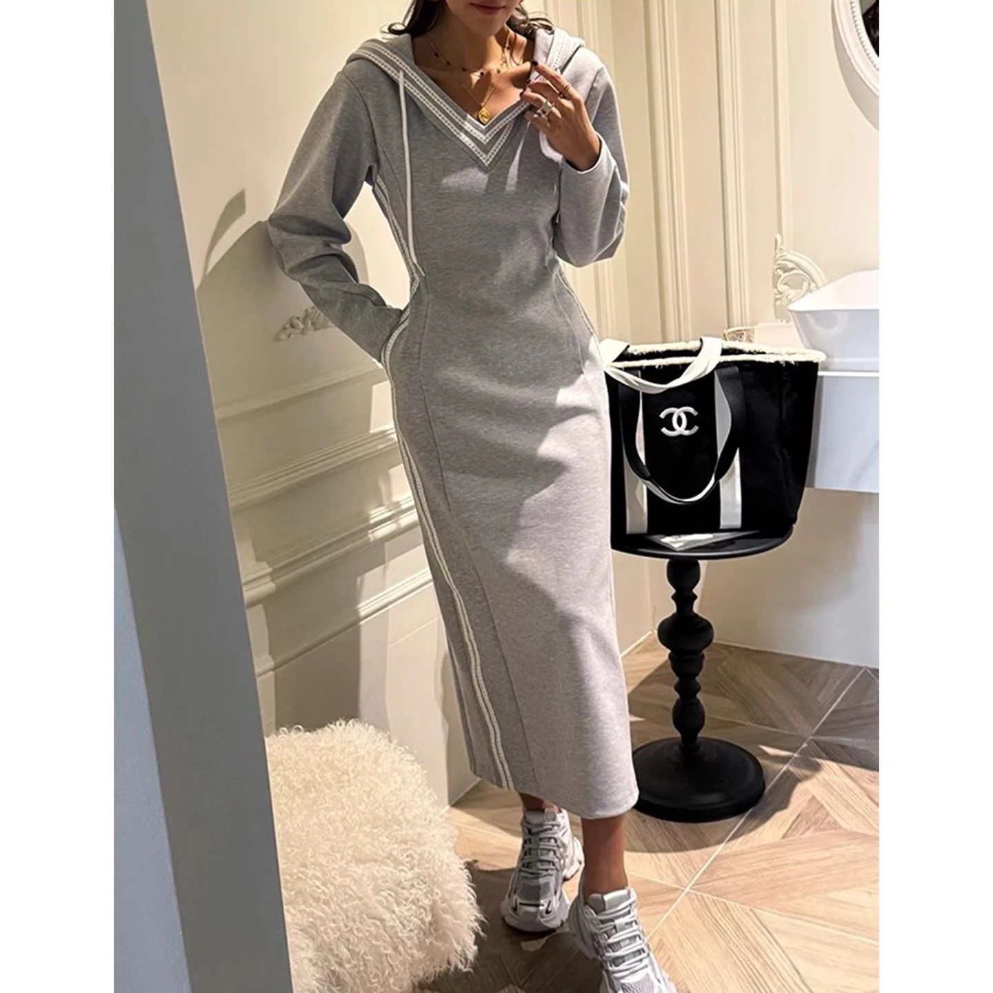 Retro emendado cor blo renda dstring com capuz de malha dr feminino emagrecimento longo dr cintura alta commute sle longo sve