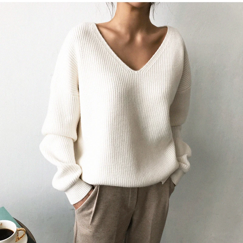 v neck Womens Sweater Female Oversized Knitted Fall 2024 Clothing Pullover Winter Autumn New Fashion Korean Style Ladies White