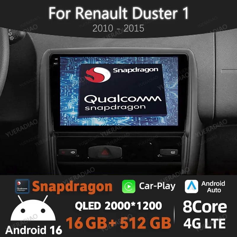 Rádio Automotivo Android 16 para Renault Duster 2010 - 2015 para Nissan Terrano 3 2014 - 2022 Qualcomm QLED BT 2DIN GPS NAVI 4G WIFI