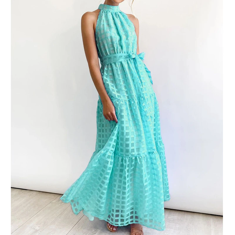 Robe longue à col licou avec ceinture pour femme, élégante, vintage, décontractée, plage, été, 2024