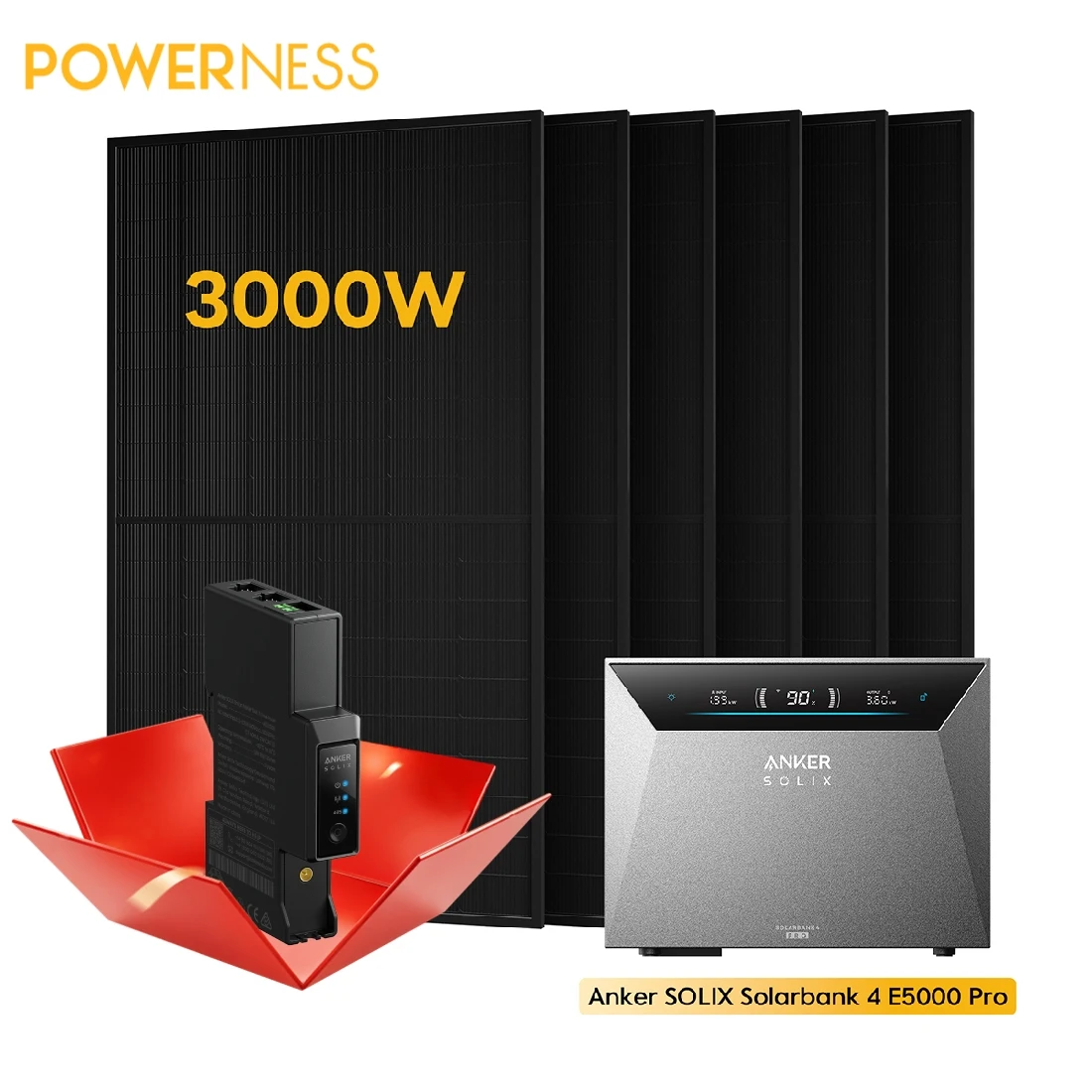 Anker SOLIX Solarbank 4 E5000 Pro (5,0 kWh), Smart Meter Gen 2, mit 6 × 500 Wp Bifaziale Solarmodule, 4 MPPT, bis zu 30 kWh Kapazität, bidirektionales Laden, Plug&Play, IP66 Schutzklasse, by Powerness