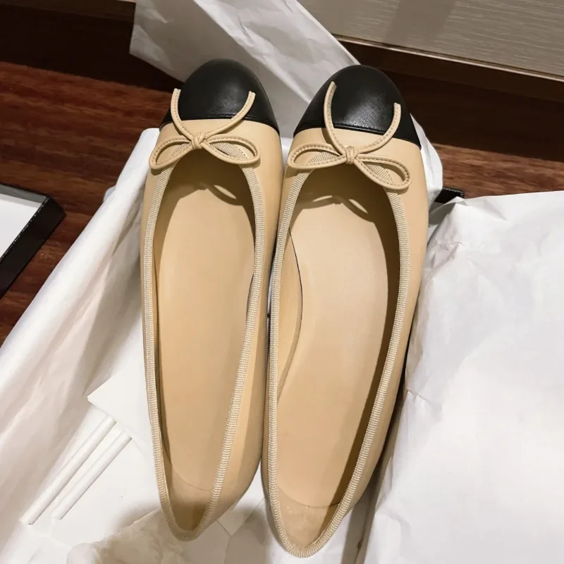 Zapatos de mujer 2026, bailarinas de dos tonos con lazo en la punta, beige, negro, dorado, suaves, cómodas, elegantes, chic, tallas grandes 34-42